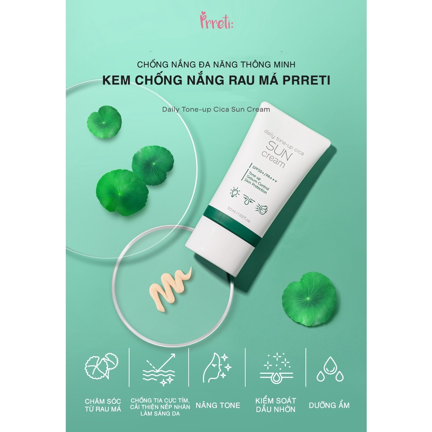 Kem chống nắng nâng tone Prreti Daily tone-up cica sun cream tinh chất rau má kiềm dầu dưỡng ẩm chống tia UV hoàn hảo