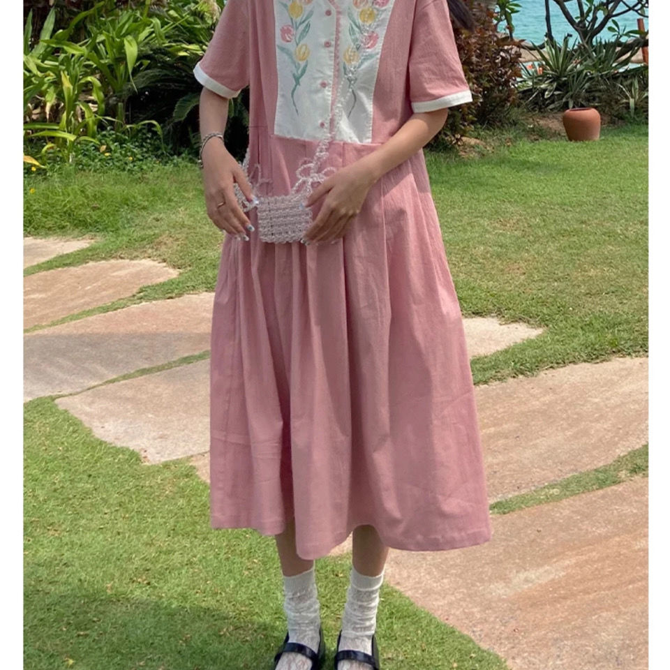 Đầm suông tay ngắn in hình hoa Tulip thời trang Hàn Quốc cho nữ