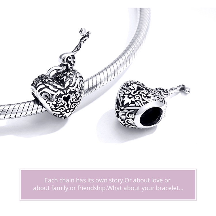 Hạt trang sức Bamoer bằng bạc 925 hình ổ khóa trái tim và chìa dùng làm trang sức vòng tay cho nữ