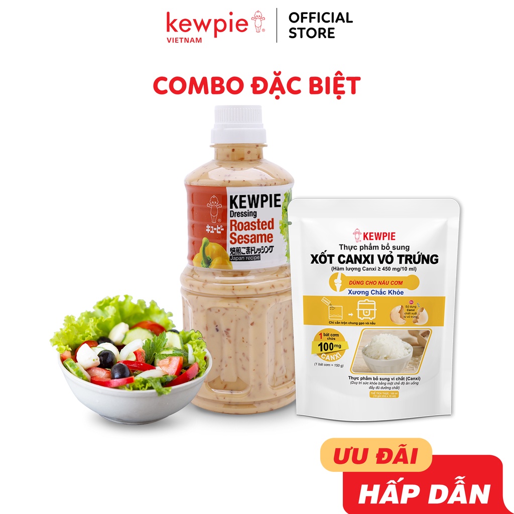 Combo Sức khỏe 1 chai Nước Xốt Mè Rang Kewpie 500ml x 1 Gói Xốt Canxi Vỏ Trứng Kewpie (10ml x 10)