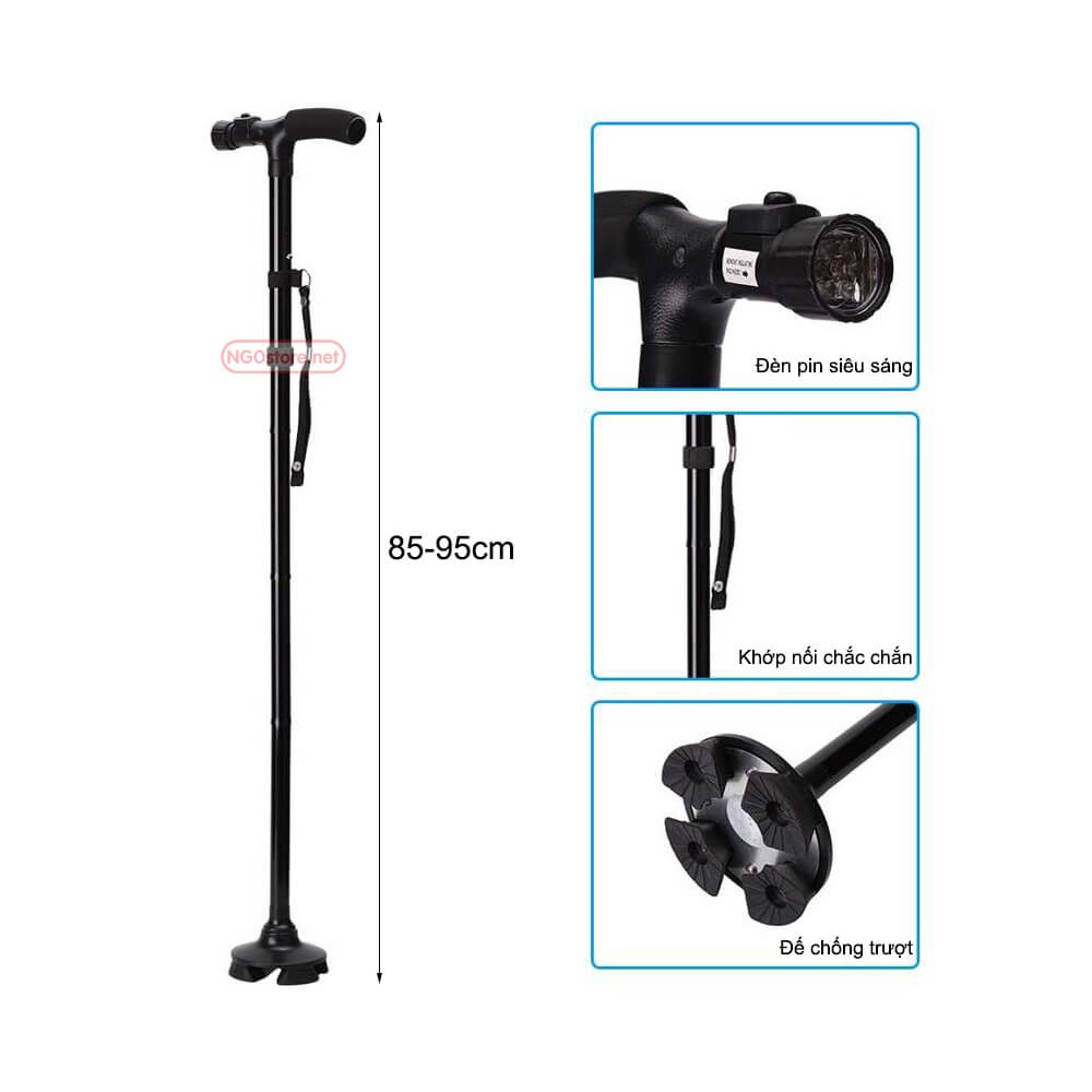 Gậy cho người lớn tuổi, gậy gấp gọn Trusty cane chống trượt có đèn pin