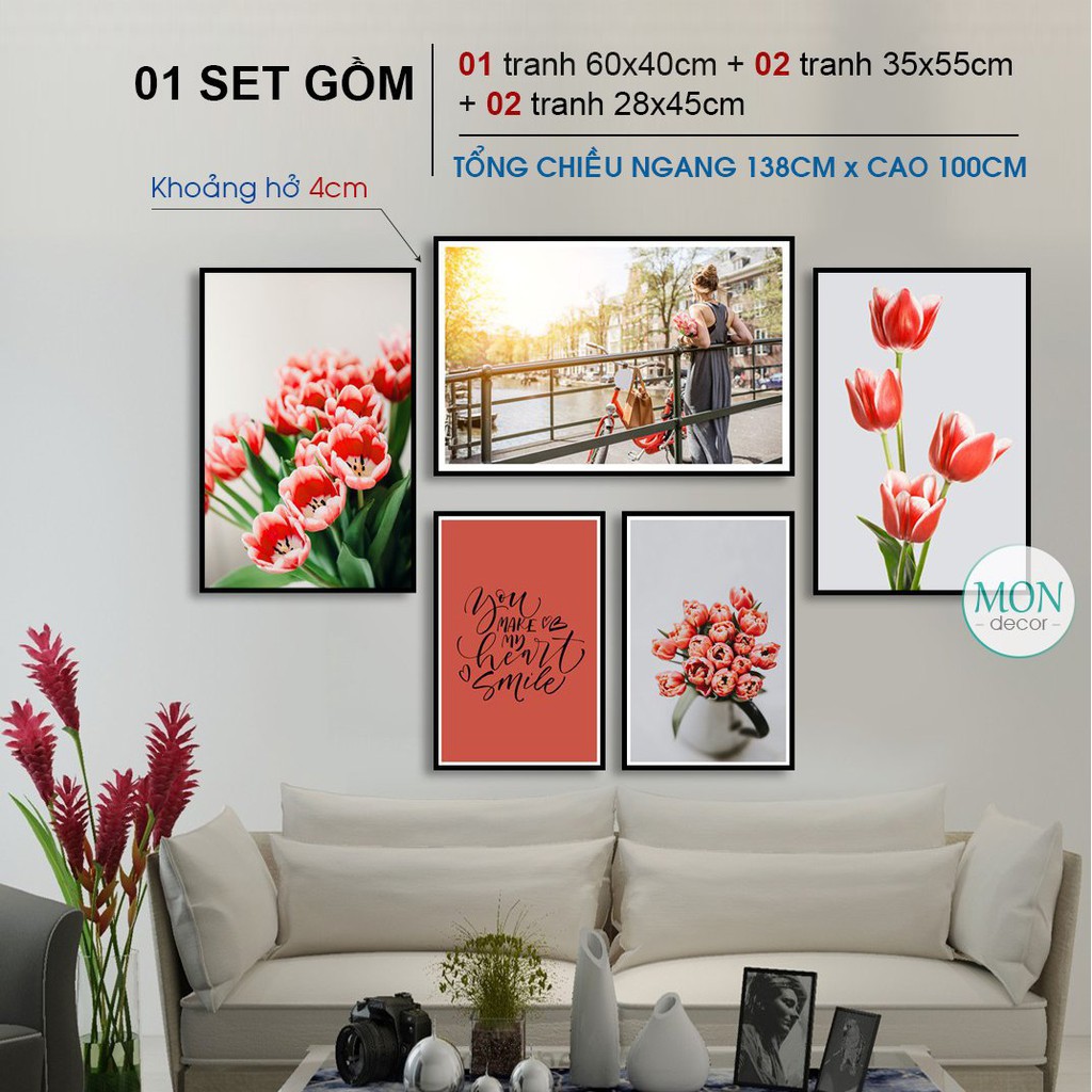 Tranh treo tường, tranh treo phòng khách Mon'decor 5 bức phong cách hiện đại vải canvas loại 1 khung đẹp
