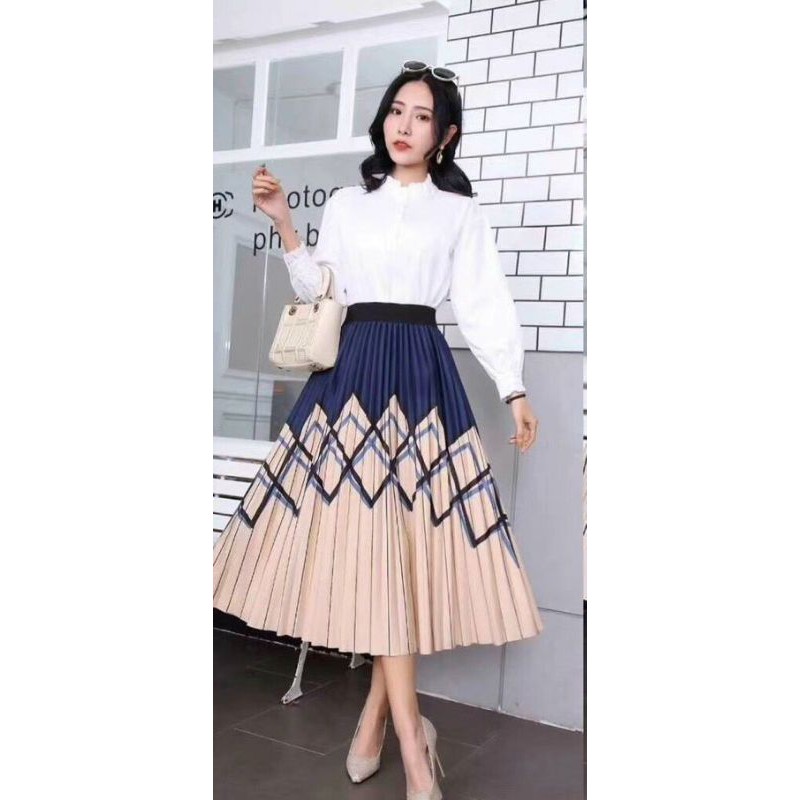 Chân váy dập li xòe dáng dài hàng QC