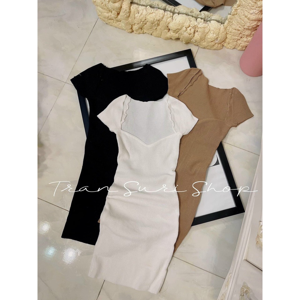 đầm gân body kiểu cổ vuông rộng cúp ngực