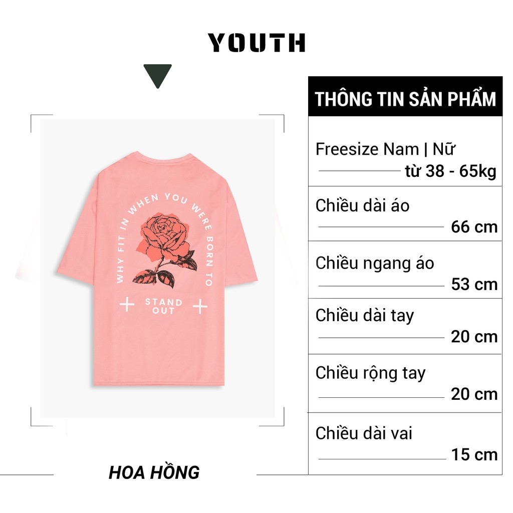 Áo thun nam nữ unisex YOUTH form rộng cổ tròn tay lỡ vải Cotton xịn FreeSize(38-65Kg) - Hồng Hoa Hồng - AP16