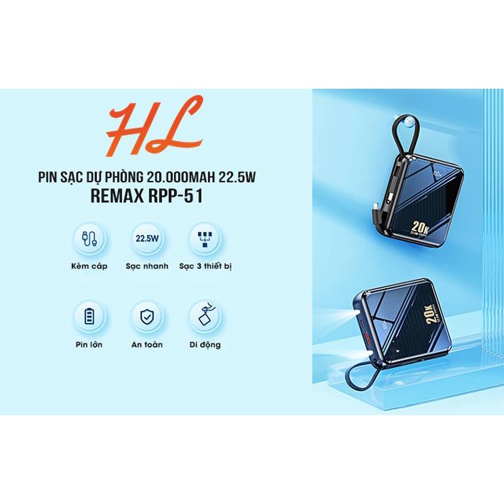 Pin Sạc Dự Phòng Remax RPP-51 20000Mah (Sạc Nhanh QC3.0, VOOC 2.0  PD20W), Tích Hợp Cáp Sạc - BH 1 Năm - Hunglongpc