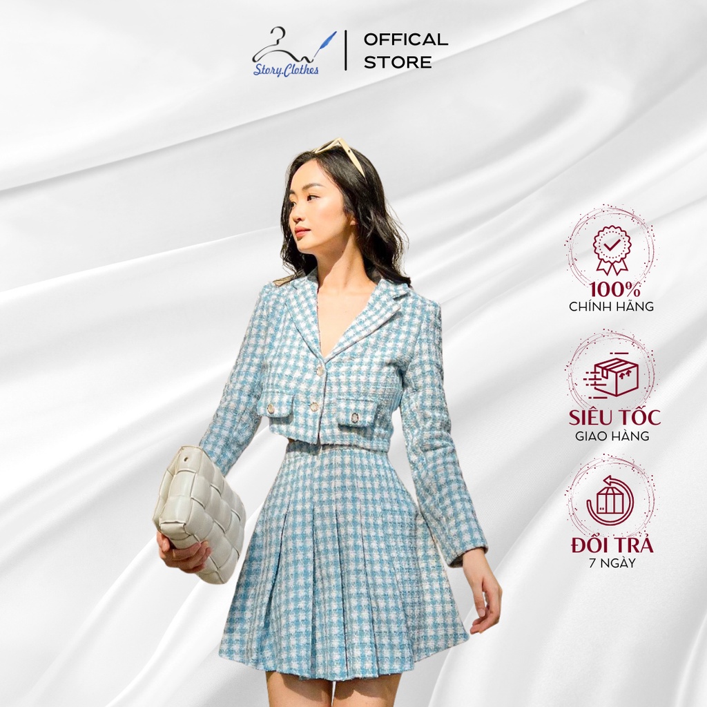STORY Set Clara vest tweed mini cao cấp Story.clothes thời trang nữ xanh xám
