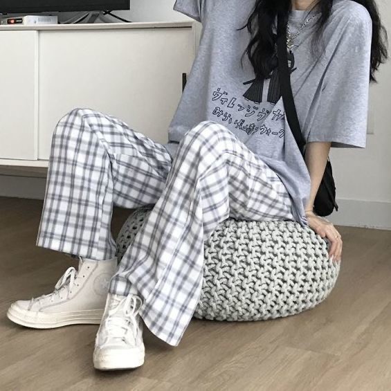 quần caro quần ống rộng Plaid pants casual pants Quần dài ống suông rộng in caro thời trang retro mùa hè Hàn