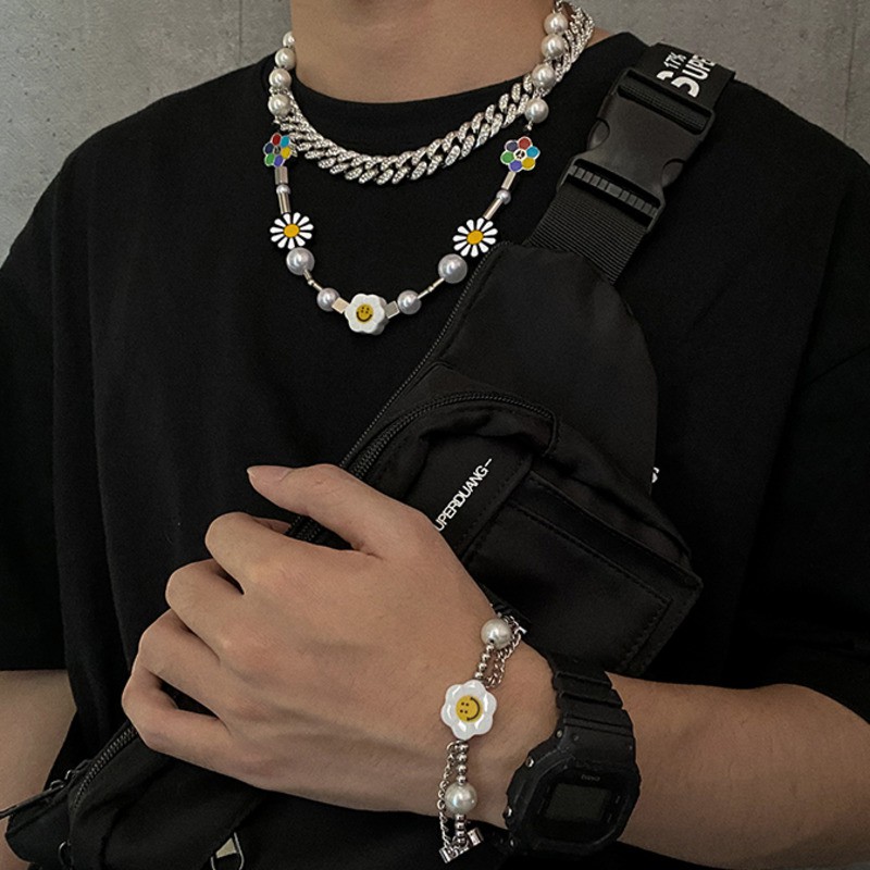 Vòng Cổ Mặt Hình Hoa Cúc Đính Ngọc Trai Sang Trọng Theo Phong Cách Hip Hop Cá Tính