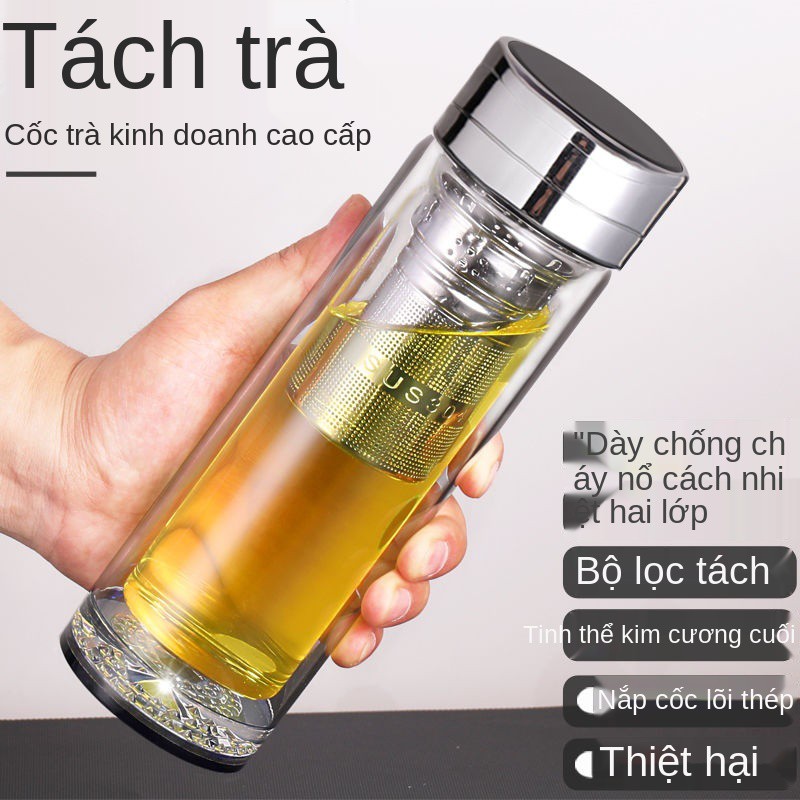 Cốc thủy tinh đôi, pha lê văn phòng cao cấp, chịu nhiệt có nắp, đựng trà nam nữ, xe hơi