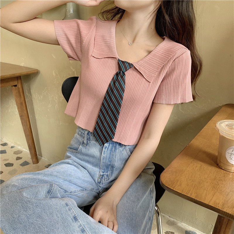 Áo Thun Lửng Ngắn Tay Có Cổ Phong Cách Retro Cho Nữ