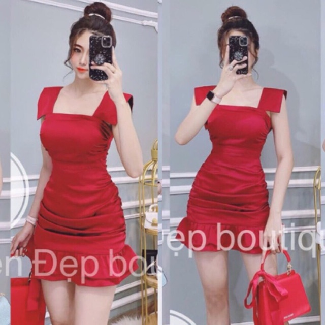 Đầm phi lụa cổ vuông đuôi cá