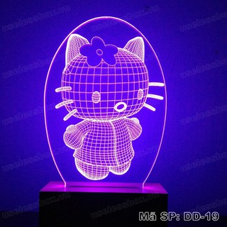 Đèn ngủ 3d đế gỗ - hình hello kitty - 16 màu có remote