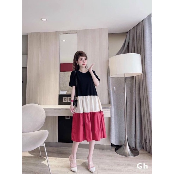 Váy bầu kẻ 3 tầng phối