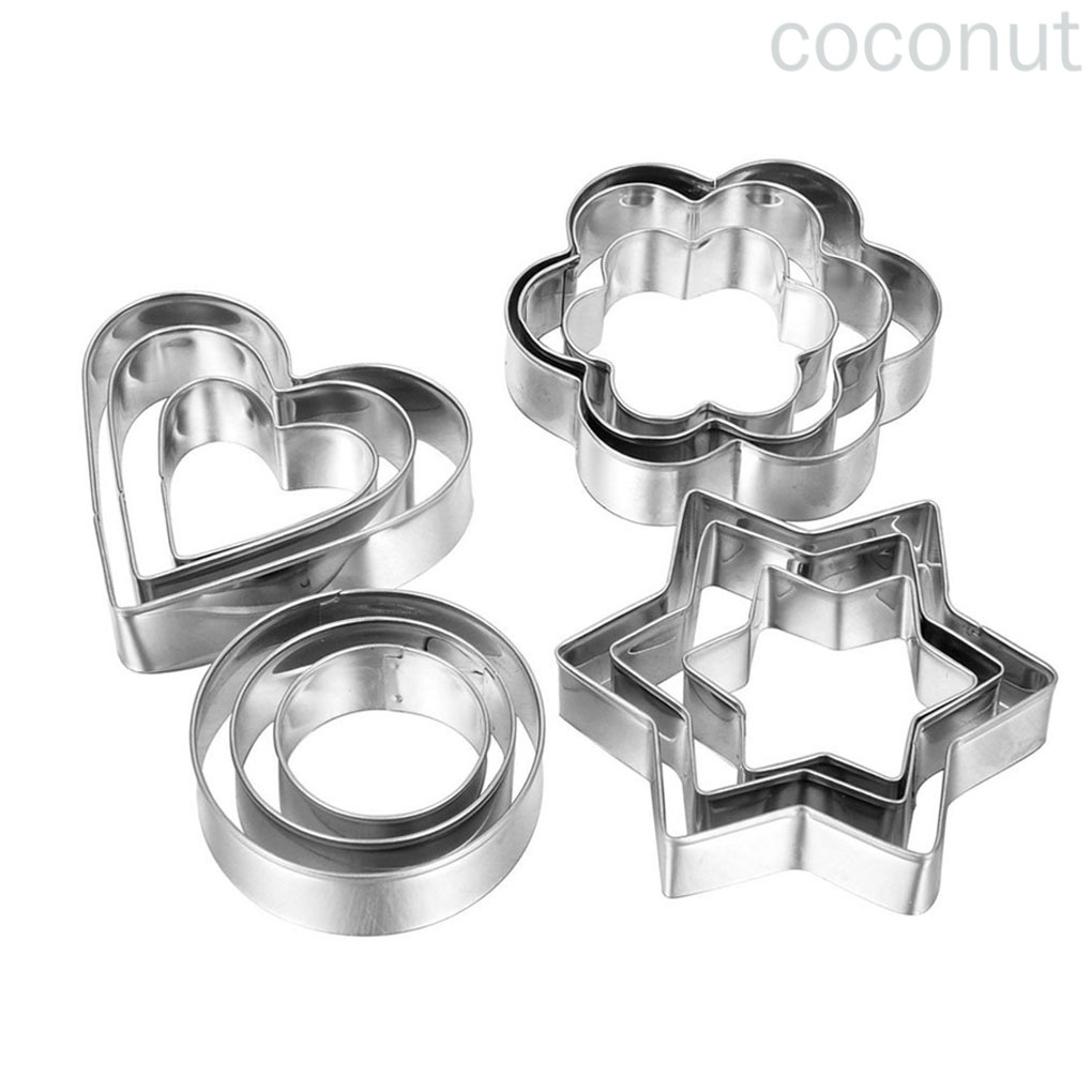 Bộ 12 Khuôn Làm Bánh Bằng Thép Không Gỉ Hình Tròn / Ngôi Sao / Trái Tim / Bông Hoa