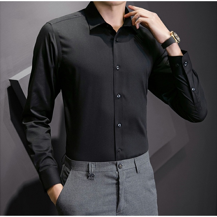 Áo sơ mi nam nữ dài tay Unisex Form Basic dáng trơn màu trắng và đen Chất cotton lụa mịn mát