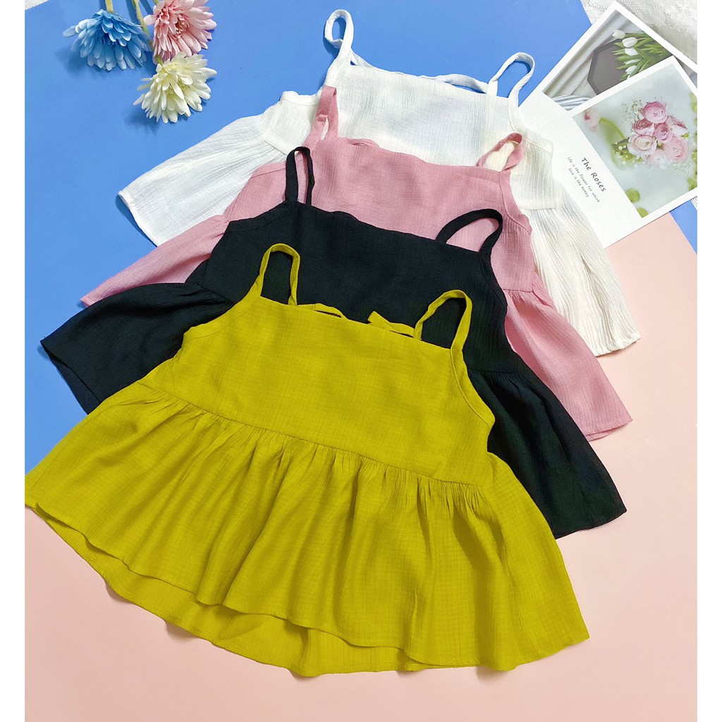 MCBB - 9-24 Kg Vải Linen Áo 2 Dây Cho Bé Gái Bèo Nhún Thắt Nơ TankTop Áo Kiểu Cho Bé Babydoll Áo Bé Gái Áo Trẻ Em Nữ Bộ
