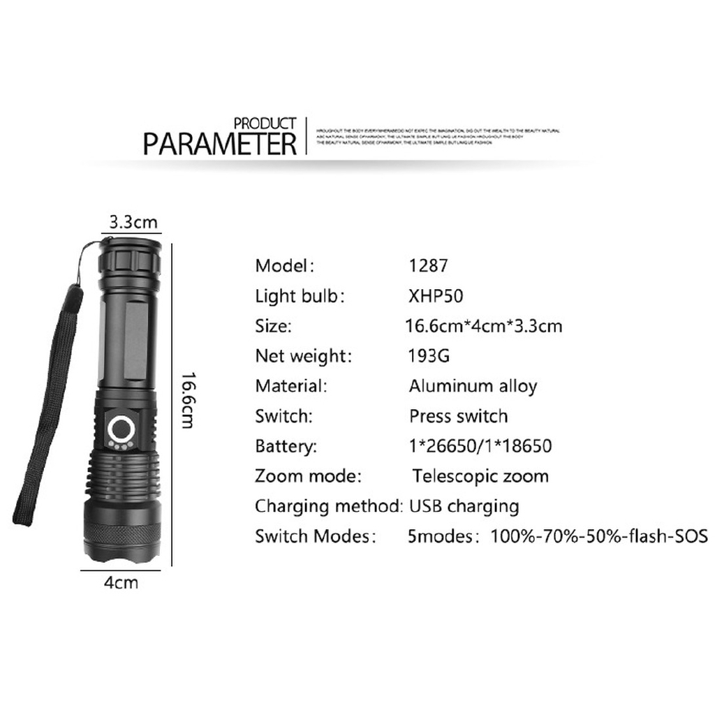 Đèn pin T6 XHP70.2 LED XHP50 sạc USB đa dụng chất lượng cao