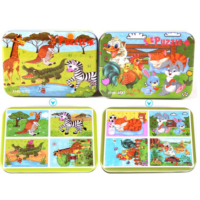 Đồ chơi bộ ghép hình Puzzle 4 cấp độ hộp sắt 9-12-15-20 miếng cho bé