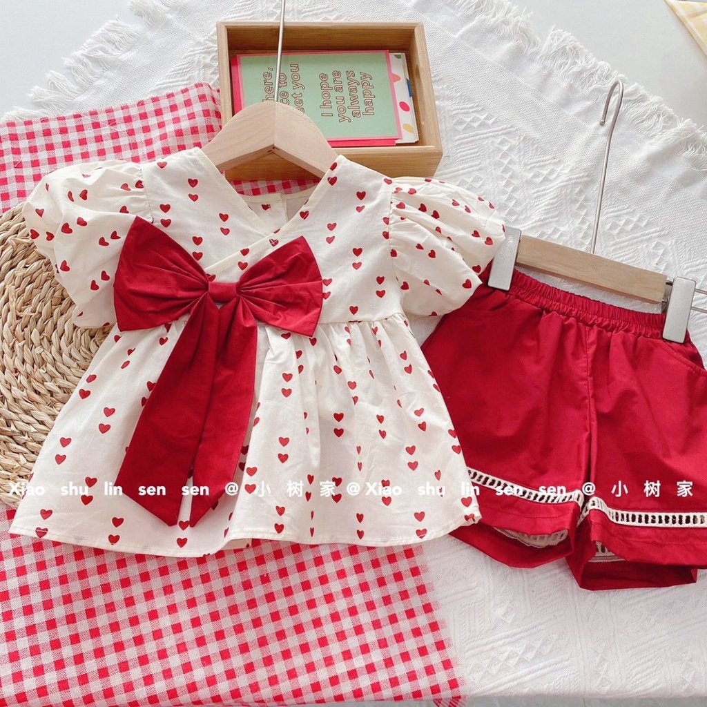 Bộ Áo Sơ Mi Cotton Ngắn Tay Đính Nơ Đỏ Kèm Quần Short Thời Trang Mùa Hè Cho Bé Gái 1-3-5 Tuổi 2022