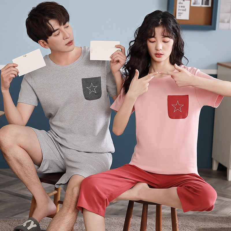 Bộ đồ đôi cotton mặc nhà Quảng Châu cao cấp cộc tay quần lửng cho nam và nữ có túi ngực