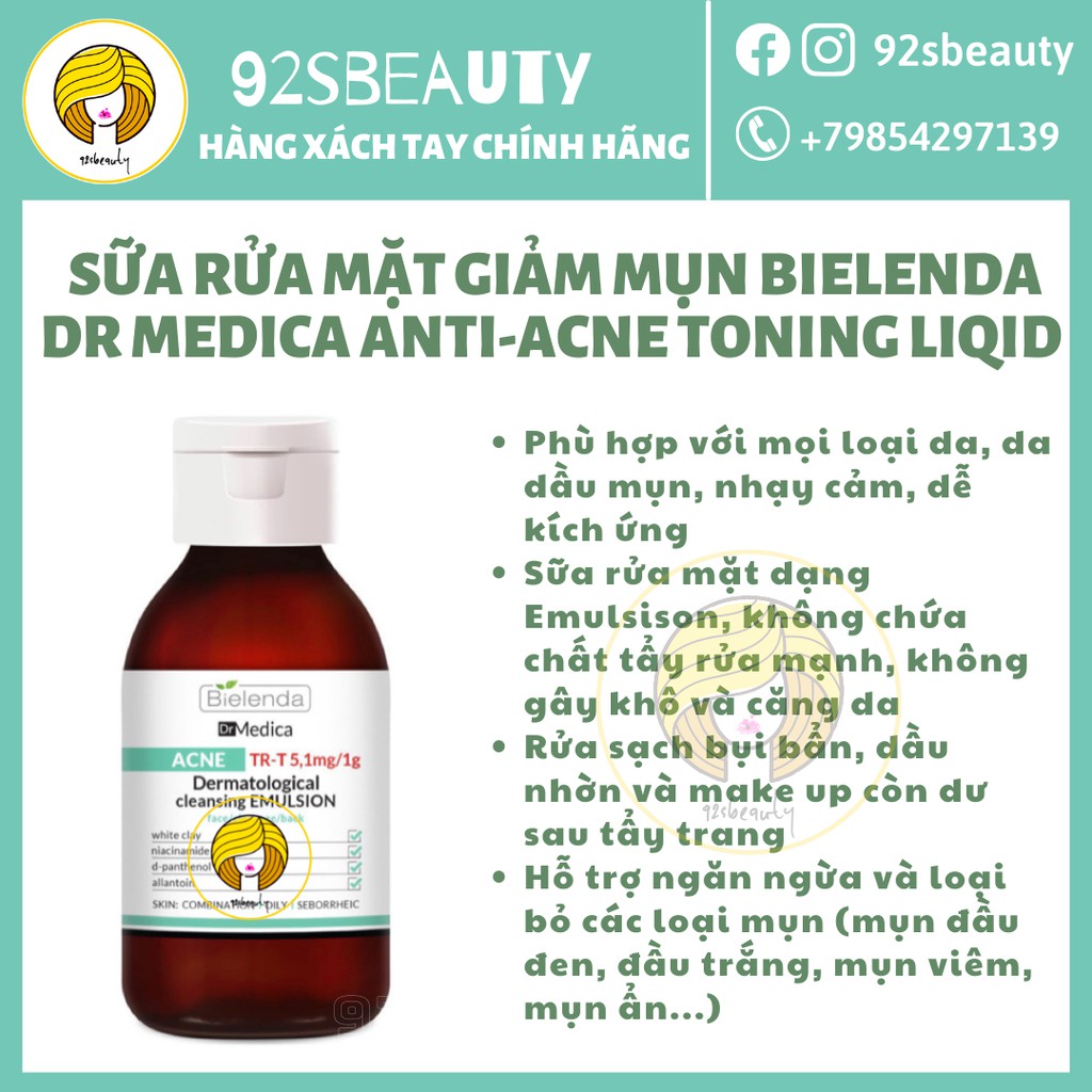 Sữa rửa mặt Bielenda Dr Medica Anti-acne Dermatological Cleansing Emulsion giảm mụn, làm sạch sâu mà vẫn dịu êm