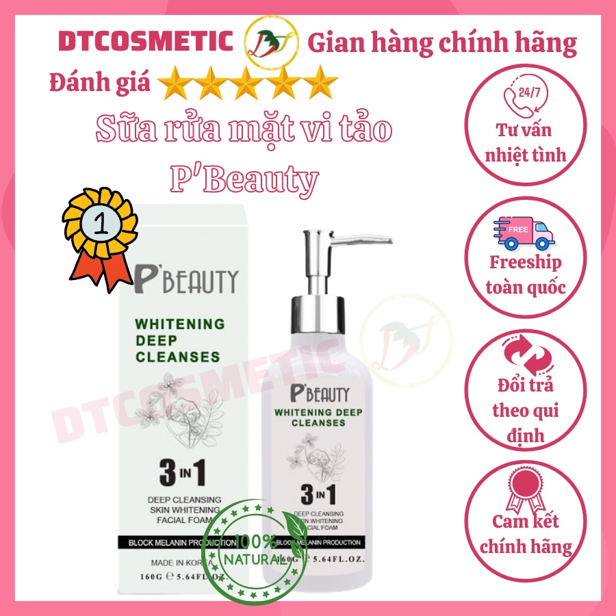 Sữa rửa mặt vi tảo P'beauty chai lớn 160g dịu nhẹ, phù hợp với mọi loại da - DTCosmetics