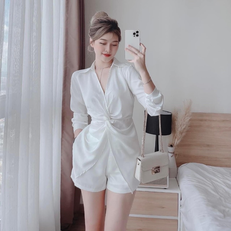 Set áo sơ mi xoắn eo