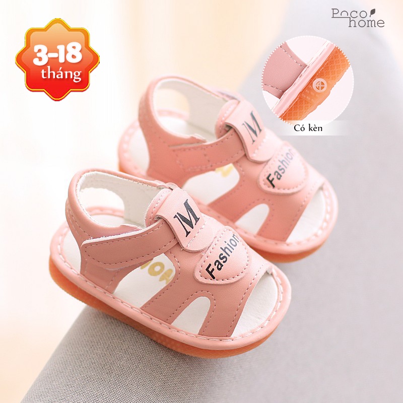 Giày bé trai, bé gái sandal hở mũi tập đi từ 0-18 tháng tuổi, đế da mềm êm chống trượt, khoá dán tiện lợi, có kèn Poco