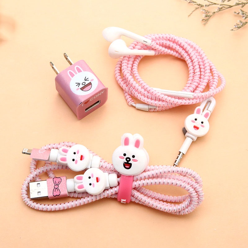 Phụ kiện quấn bảo vệ dây cáp sạc/tai nghe điện thoại Iphone 3.5mm ba trong một kiểu hoạt hình dễ thương