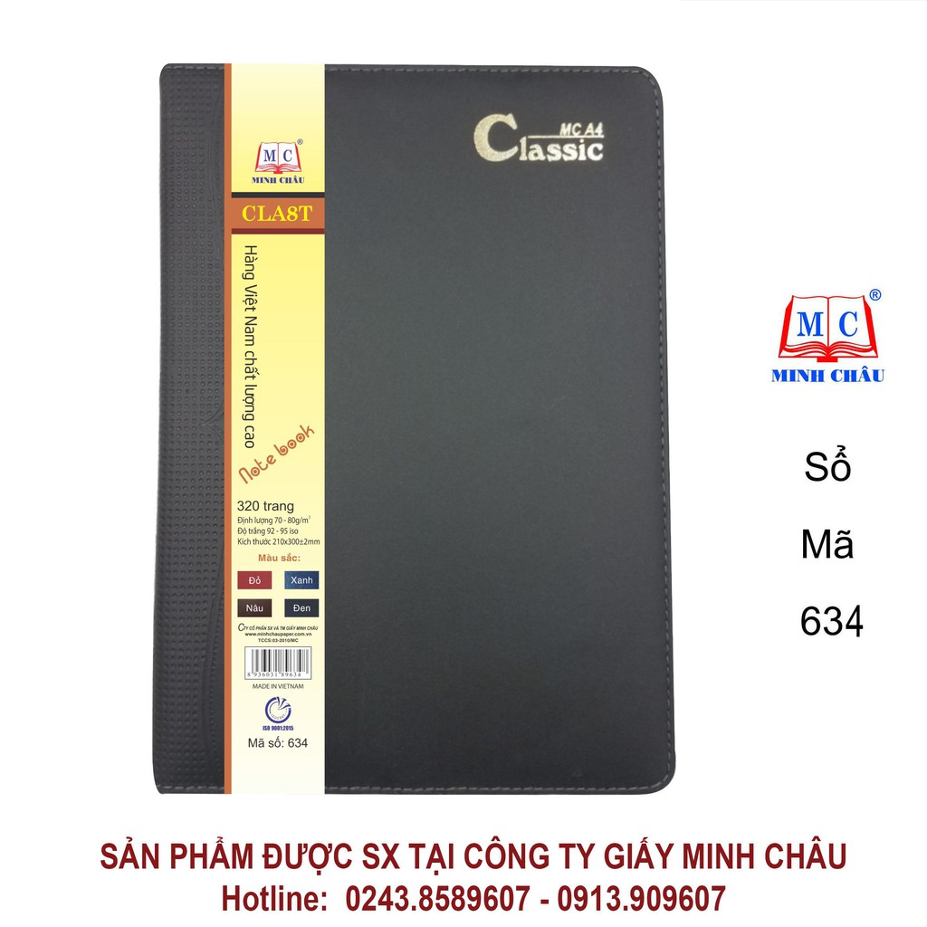 Sổ Classic A4 Minh Châu bìa da có đệm mút và may viền bền đẹp, sang trọng, 4 màu, 3 loại số trang (633-634-636)