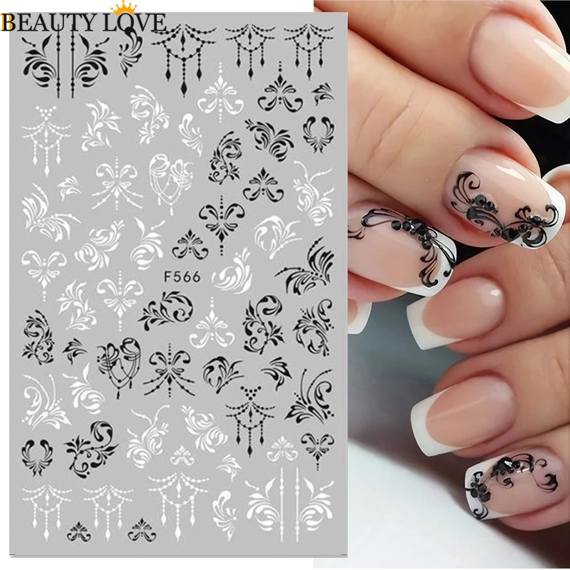 1 Tấm Sticker Dán Móng Họa Tiết Hình Học / Hoa Trắng Đen 3D
