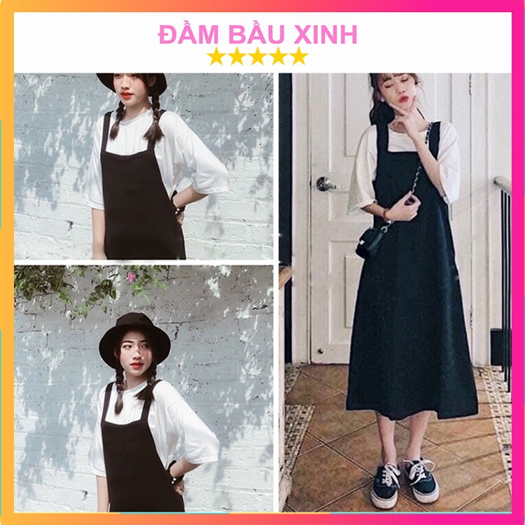 Set Đầm Bầu Yếm Kèm Áo Phông Cotton Tay Lỡ Bộ Váy Yếm Áo Thun Dáng Rộng Hàng VNXK | BigBuy360 - bigbuy360.vn