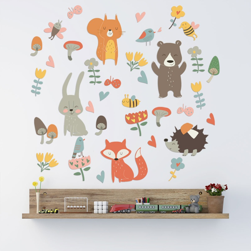 Forest Animal Party Wall Sticker for Kids Rooms Bedroom Decorations Wallpaper Mural Home Cartoon Combination Stickers