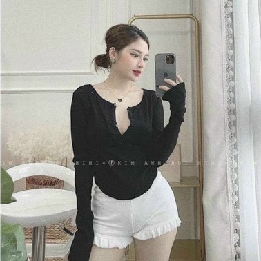 Áo kiểu tay dài 1 túi trước cài 3 nút cổ cực xinh , chất thun gân mềm mịn ( ảnh thật )
