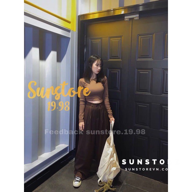 Quần ống rộng suông cài nút và áo croptop form ôm màu nâu ulzzang | BigBuy360 - bigbuy360.vn