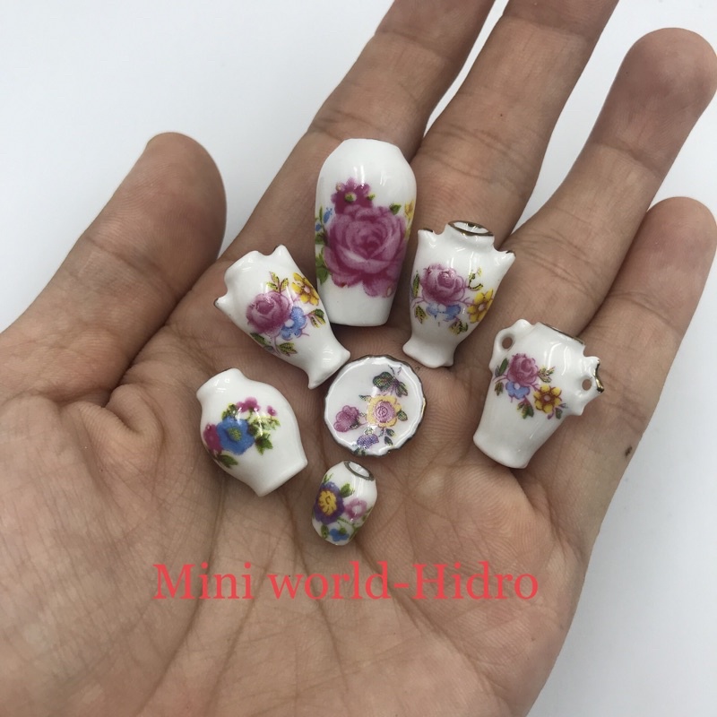 Set bình lọ dĩa đĩa gốm sứ trang trí nhà búp bê Barbie, BJD tỉ lệ 1/12, 1/8 mini tí hon miniature