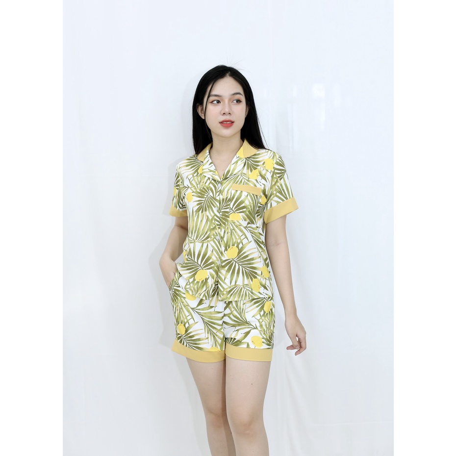 [HÌNH THẬT 100%]  Bộ đồ bộ ngắn MÀU TRẮNG LÁ XANH PHA CỔ  - vải siêu lụa cao cấp  - Cực Kì Sang Chảnh