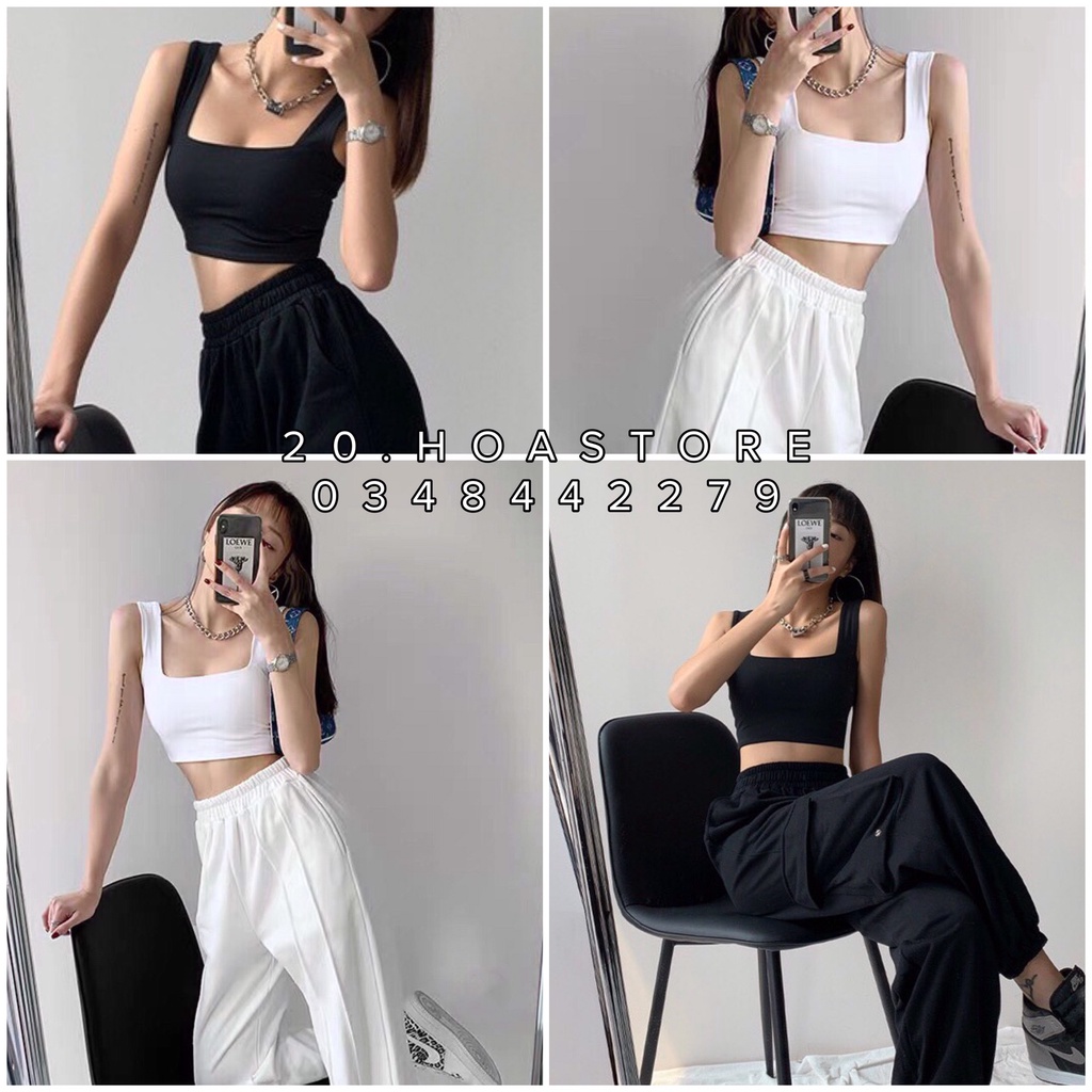 ÁO CROPTOP CỔ VUÔNG 2 DÂY QUAI TO DÁNG LỬNG ÔM BODY - ÁO KIỂU KHOÉT NÁCH ĐEN TRẮNG