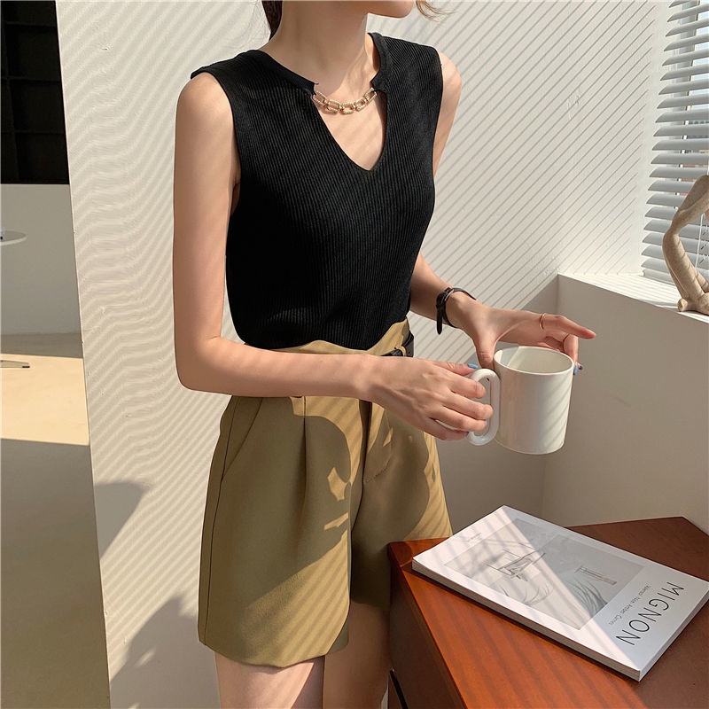 Áo Dệt Kim Không Tay Cổ Chữ V Form Ôm Thời Trang Mùa Hè