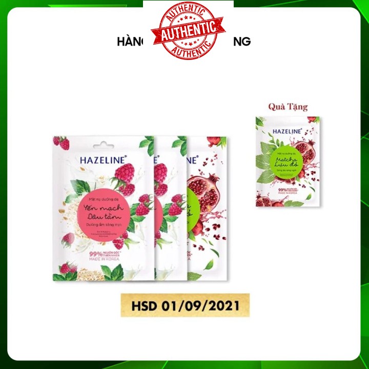 [Voucher giảm giá cho khách sỉ mỹ phẩm chính hãng] Combo Mặt Nạ Dưỡng Ẩm Hazeline Sáng Mịn Tự Nhiên 20gx4