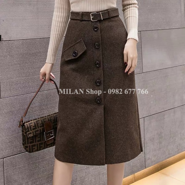 Chân váy dạ dài qua gối kèm đai hàng khuy giả túi phom rộng | BigBuy360 - bigbuy360.vn