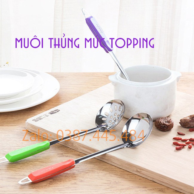 Muôi múc topping Inox cán nhựa Muỗng thủng múc trân châu Muôi thủng nấu canh Muỗng thủng ăn Lẩu Muỗng thủng múc topping