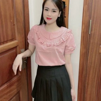Áo Sơ Mi Ngắn Tay Chất Đũi Cổ Bẻ Phối Bèo Xinh Xắn V302