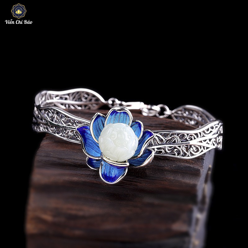 Kiềng tay bạc nữ VIỄN CHÍ BẢO hoa sen xanh chất liệu bạc thái - L000168