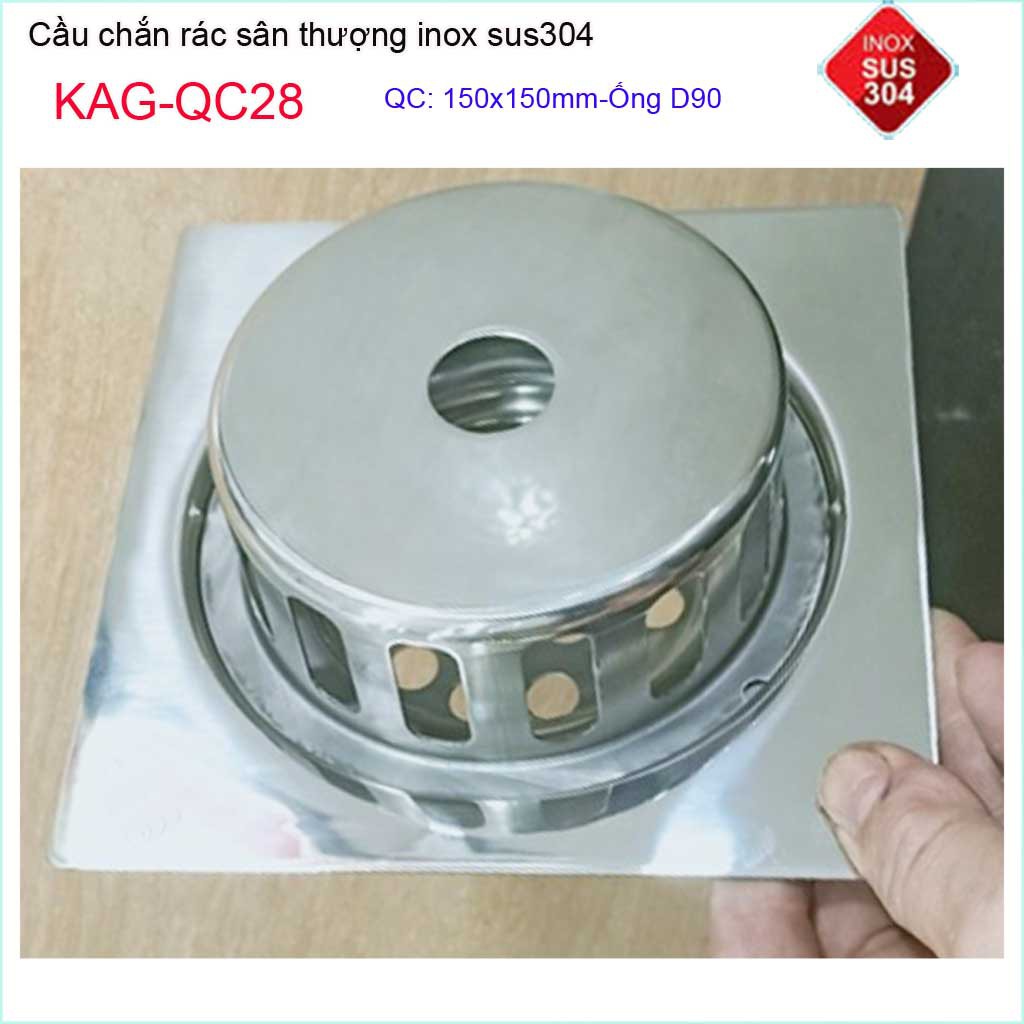 Cầu chắn rác đế vuông 15x15cm D90 KAG-QC28, thoát nước sân thượng SUS304 ống 9cm thoát nhanh chắn rác tốt