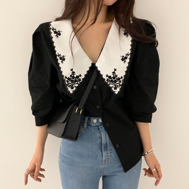 ~ Áo Sơ Mi Tay Phồng Dáng Rộng Cài Một Hàng Nút Thêu Họa Tiết Retro Mùa Xuân Hàn Quốc Cho Nữ