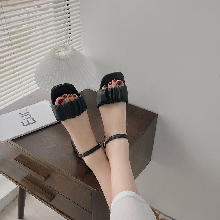 SẴN Giày cao gót mũi vuông hở ngón phối khóa thời trang