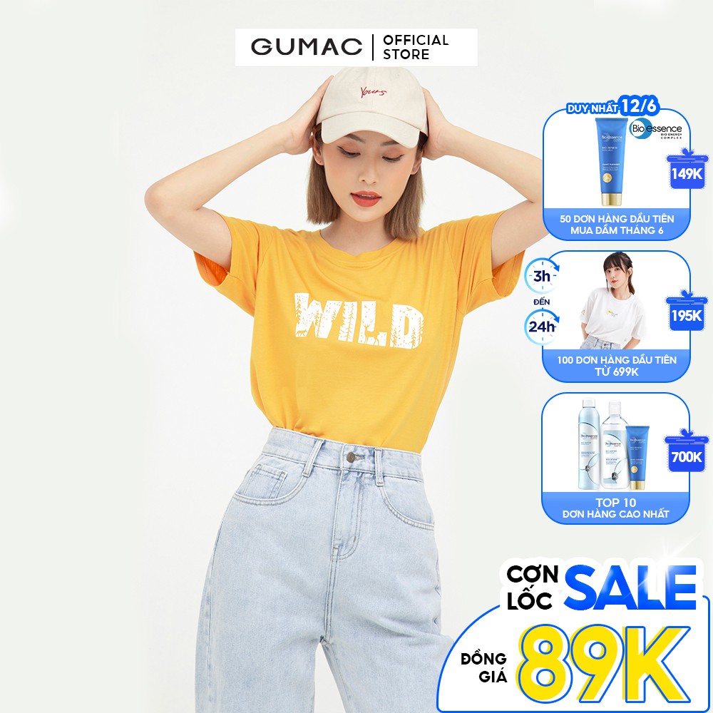 [Mã MABR07062 giảm 8% tối đa 50K đơn từ 249K] Áo thun nữ in chữ from basic tay ngắn cá tính GUMAC ATB518