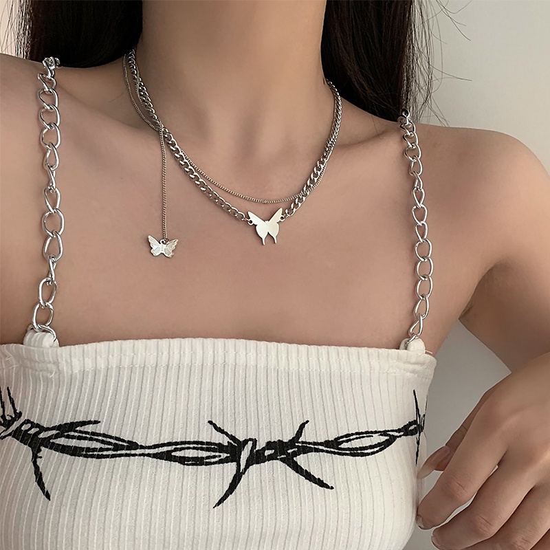 Vòng cổ Hai Lớp Mặt Hình Bướm Phong Cách Hip Hop Thời Trang Hàn Quốc
